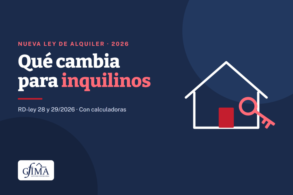 Ilustración de una casa con una llave y el título «Qué cambia para inquilinos» con la nueva ley de alquiler de 2026, de Gfima