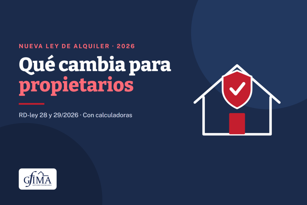 Ilustración de una casa con un escudo y el título «Qué cambia para propietarios» con la nueva ley de alquiler de 2026, de Gfima